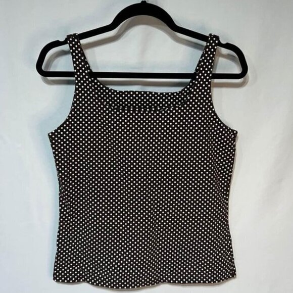 Womans lined, brown and white polka dot tank top. Stretchy. Size large. Rounded - Picture 1 of 8